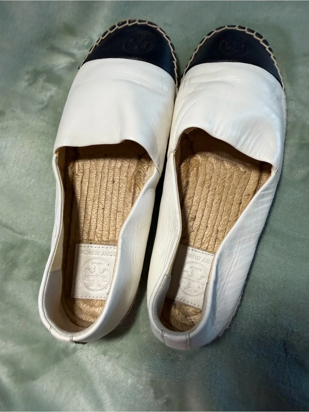Tory Burch White Leather Espadrille Slip-Ons with Black Toe Cap